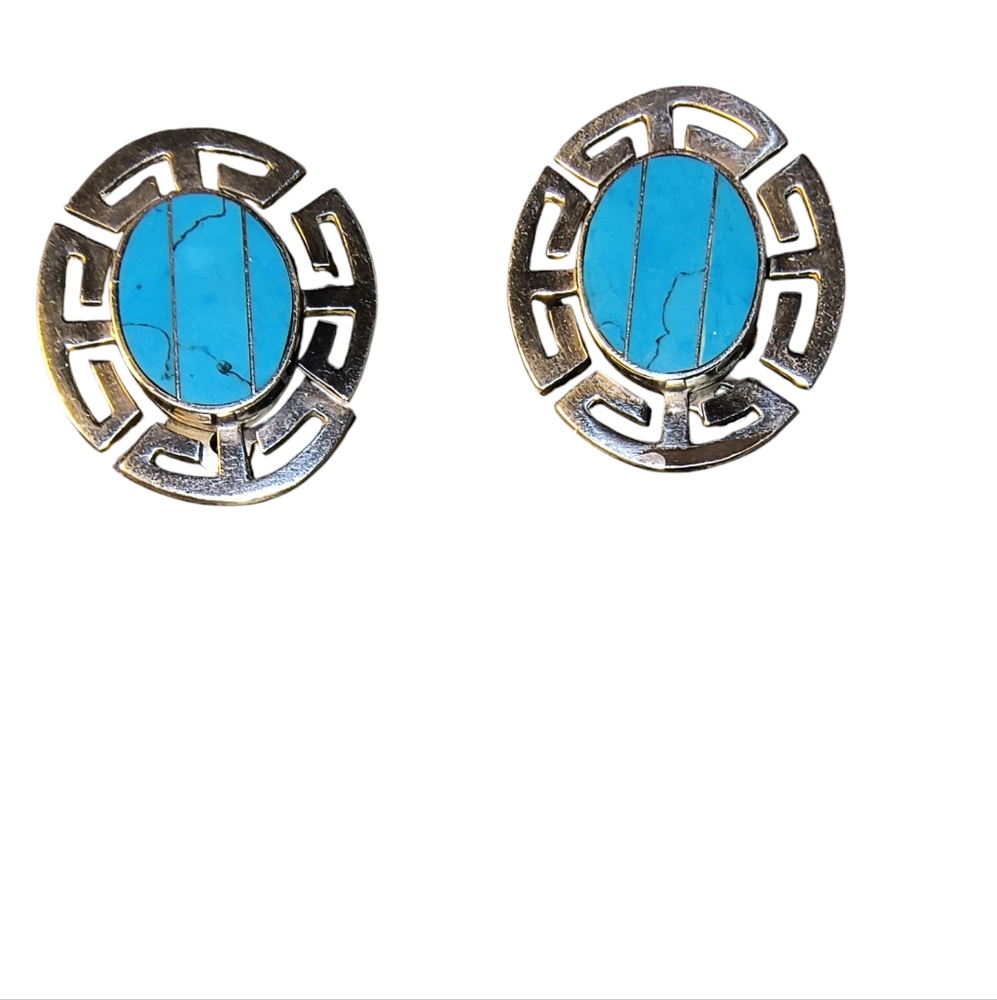 Taxco Mexico Blue Stone Inlaid Southwestern Clip-on Earrings